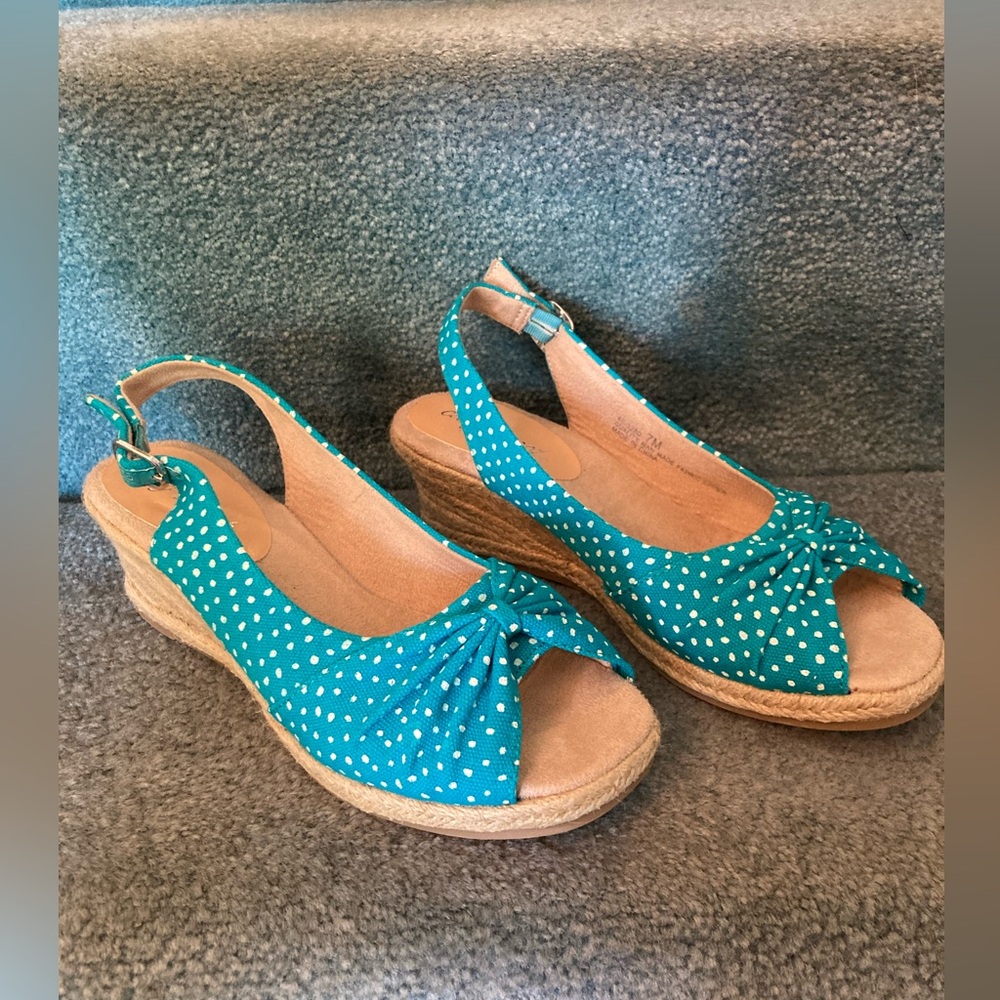 Easy Street RETRO Platform Espadrilles sz 7 TURQUOISE POLKA DOT like New FAB!!!
